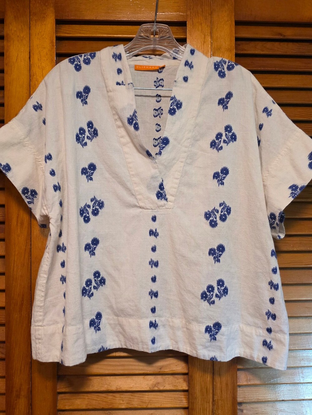 Oliphant Wicklow Blue Floral Embroidered Cotton Split V-Neck Top Blouse EUC XL